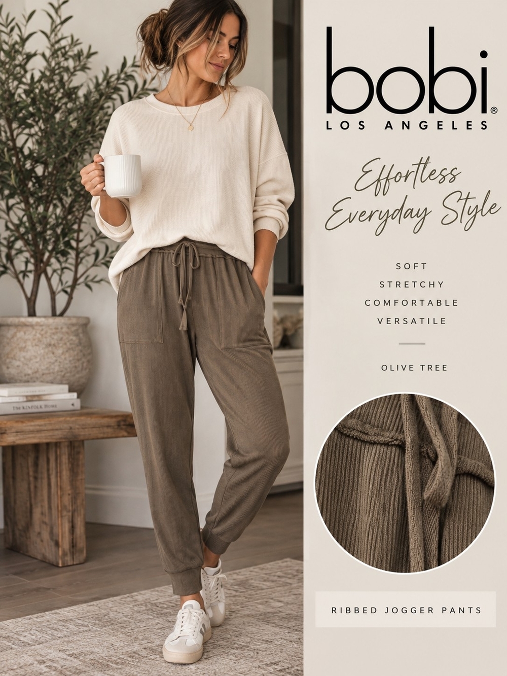 BOBI Los Angeles Ribbed Jogger Pants Olive Tree Green Size Small NWT
